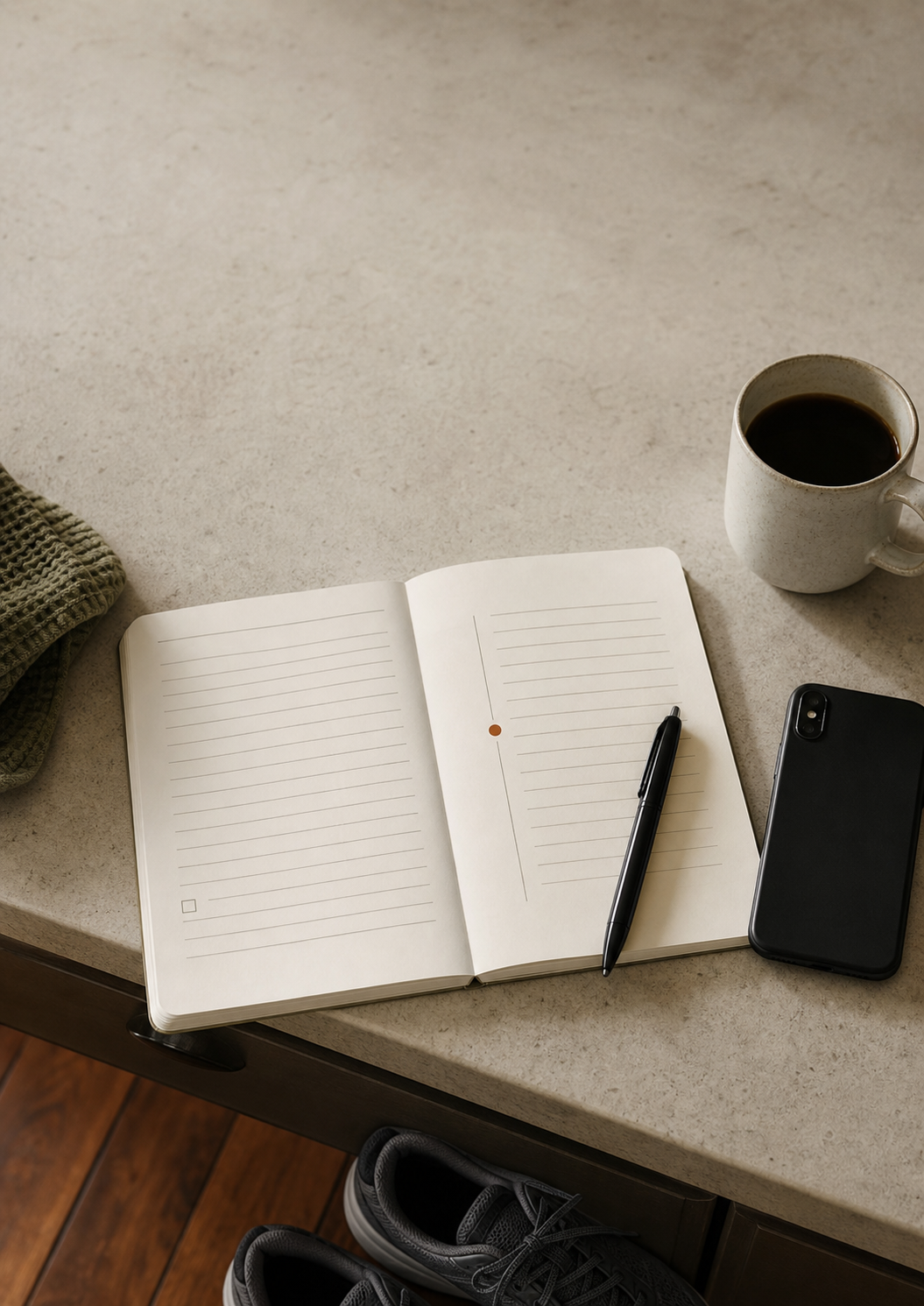 A simple health worksheet, pen, phone and coffee on a kitchen bench